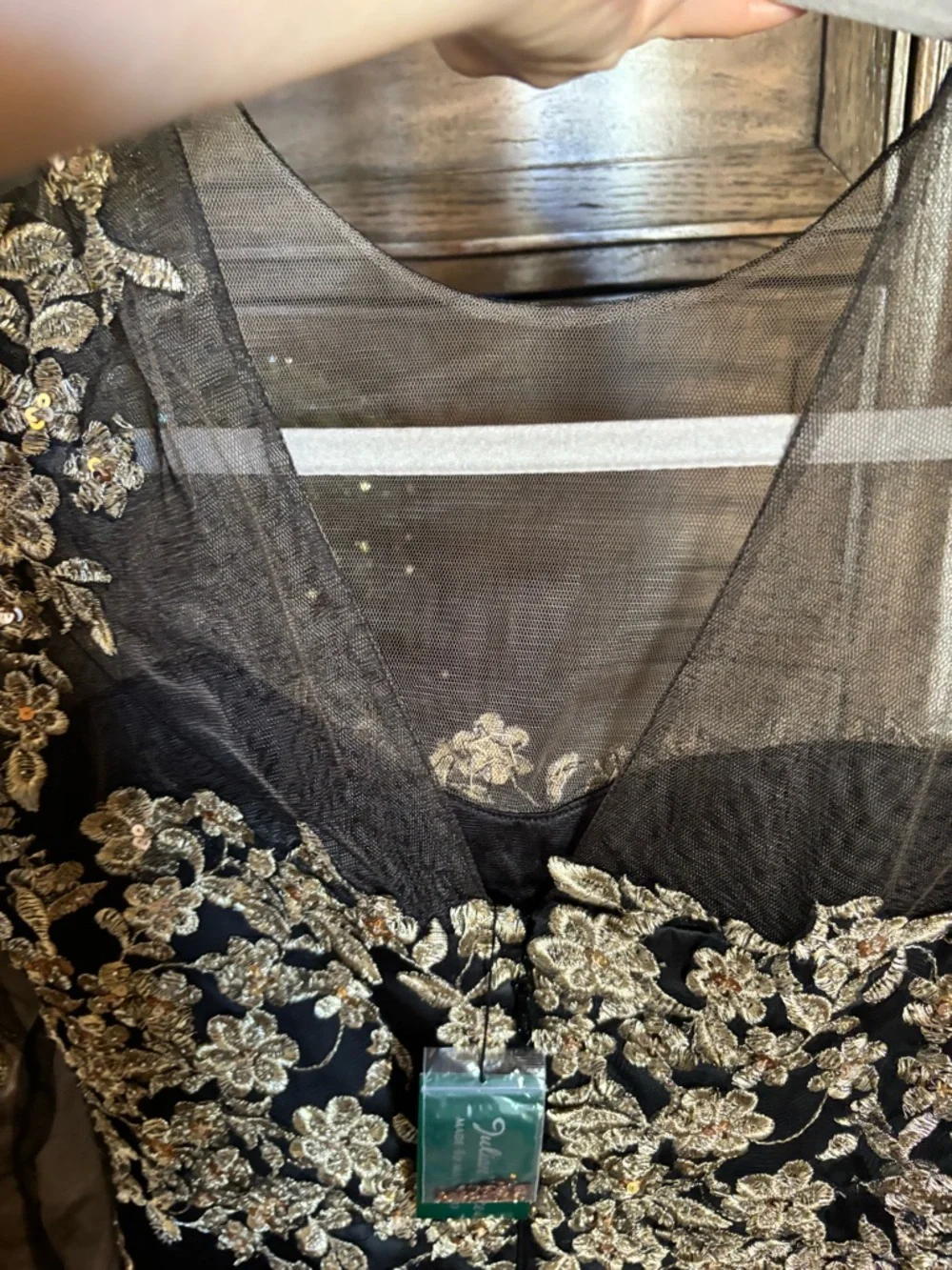Black Long-Sleeve Embroidered Cocktail Dress with Gold Appliqué